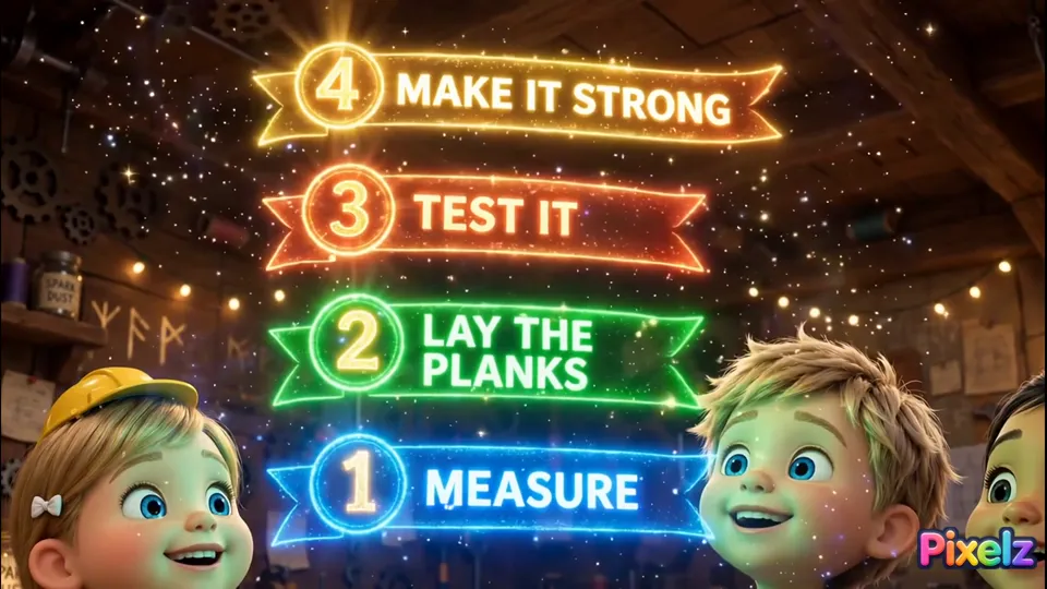 Four glowing banners: measure, lay the planks, test it, make it strong