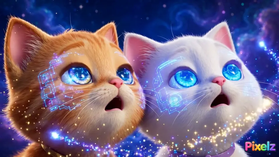 Bolt and Mochi staring wide-eyed at the glowing blueprint