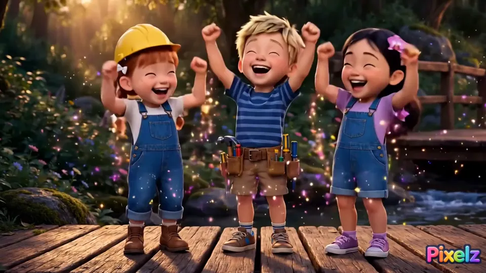 The Squad cheering on the finished bridge