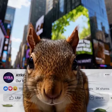 A squirrel climbing out of a giant Times Square billboard and into a social media feed