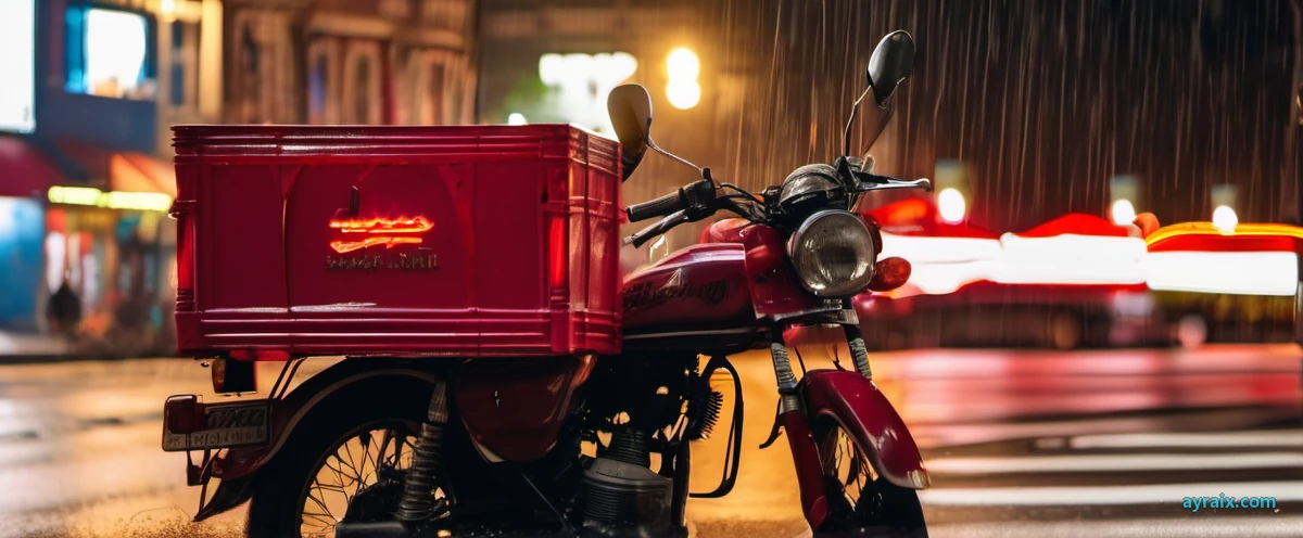 A red food-delivery motorcycle with an insulated delivery box parked alone on a rain-soaked night street