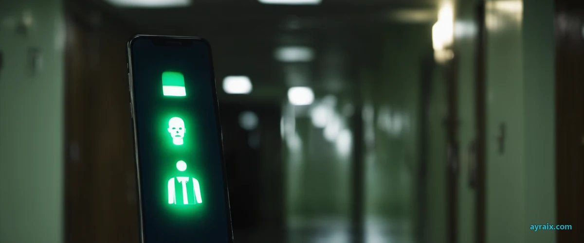 A smartphone glowing face-up on a dark table, a blurred hospital corridor receding behind it
