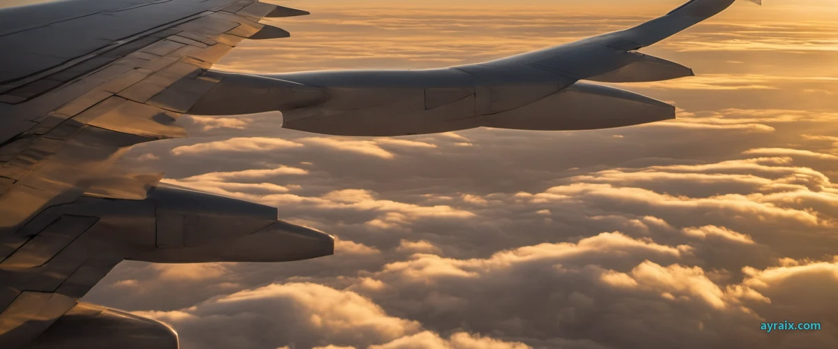 An airplane wing above a sea of clouds at golden-hour sunset