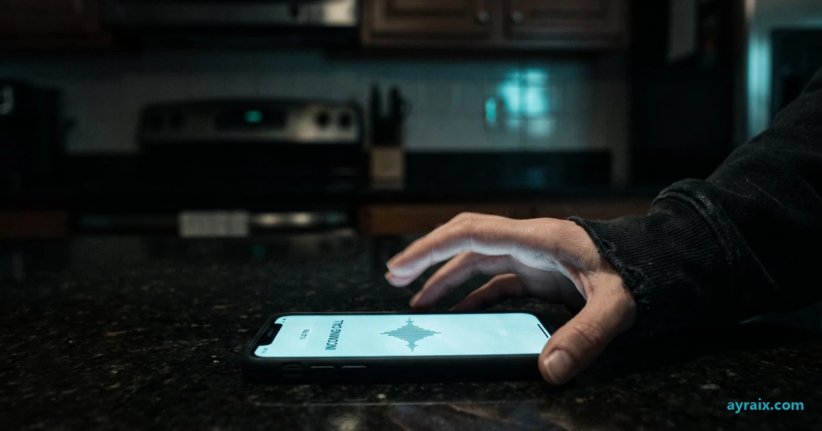 A phone lit up with an incoming call and a pulsing voice waveform, alone on a dark kitchen counter at 11:47pm, a hand reaching for it out of the shadows