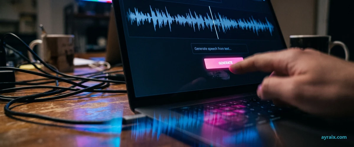 Close-up of a laptop screen in a dark room: a voice-clone app with a waveform, a scripted line of text, and a glowing pink Generate button under a fingertip mid-click