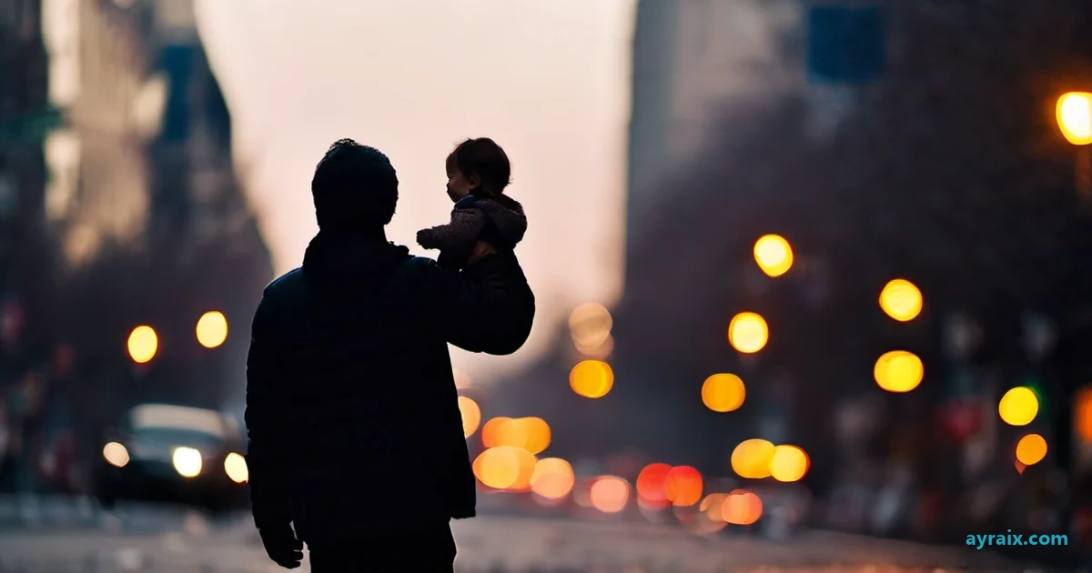 A father holds up his baby girl at night on a city street, both facing a row of glowing amber streetlights, the baby's hand reaching toward the light