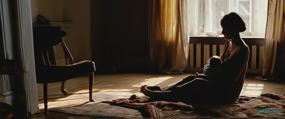 A young mother holds her baby in a nearly dark living room, ceiling lights off, only a thin blade of daylight cutting under the curtain edge
