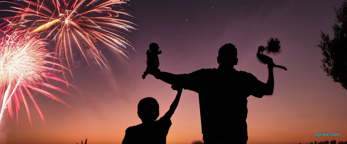 Fireworks bursting in warm gold and pink over a quiet neighborhood, a family silhouette in the foreground, the father holding the baby on his shoulders