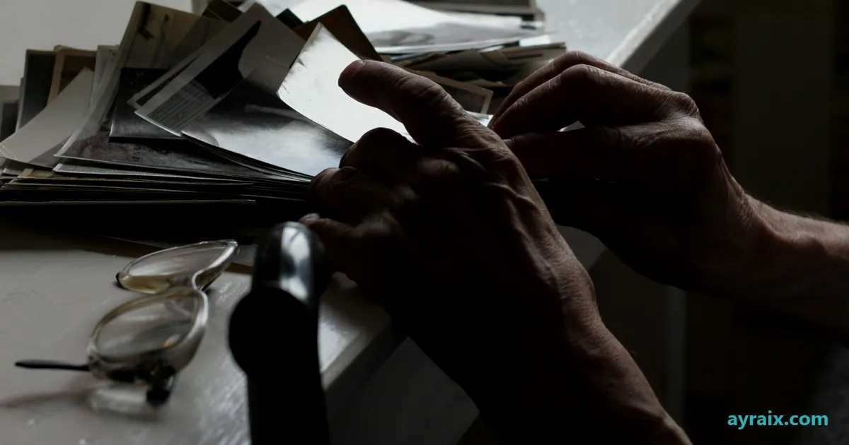 Aged hands sorting through a stack of old family photographs on a table in near-darkness, a pair of reading glasses set down beside them