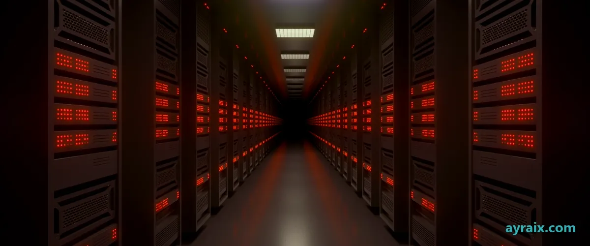 A long aisle of server racks receding into darkness, their status lights glowing red on both sides