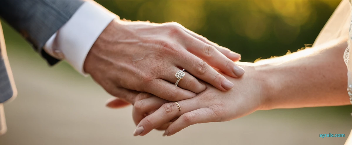 Close-up of a bride and groom's hands clasped together at their wedding, golden-hour light