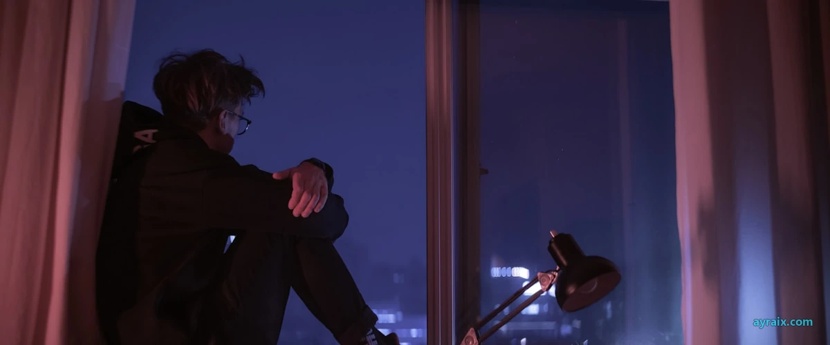 A person sitting alone by a window at night, city lights visible outside
