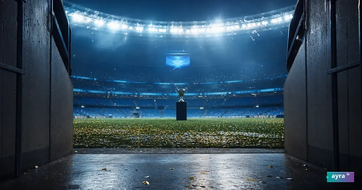 Empty stadium tunnel with confetti on the pitch after a final, editorial photography