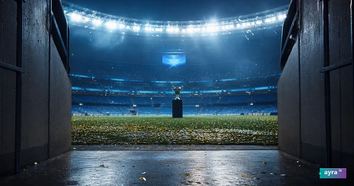 Empty stadium tunnel with confetti on the pitch after a final, editorial photography