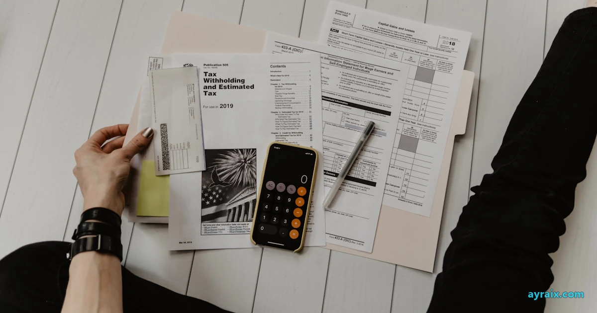 Finance desk with calculator and receipts — ayraix.com branded hero on shadow AI spend