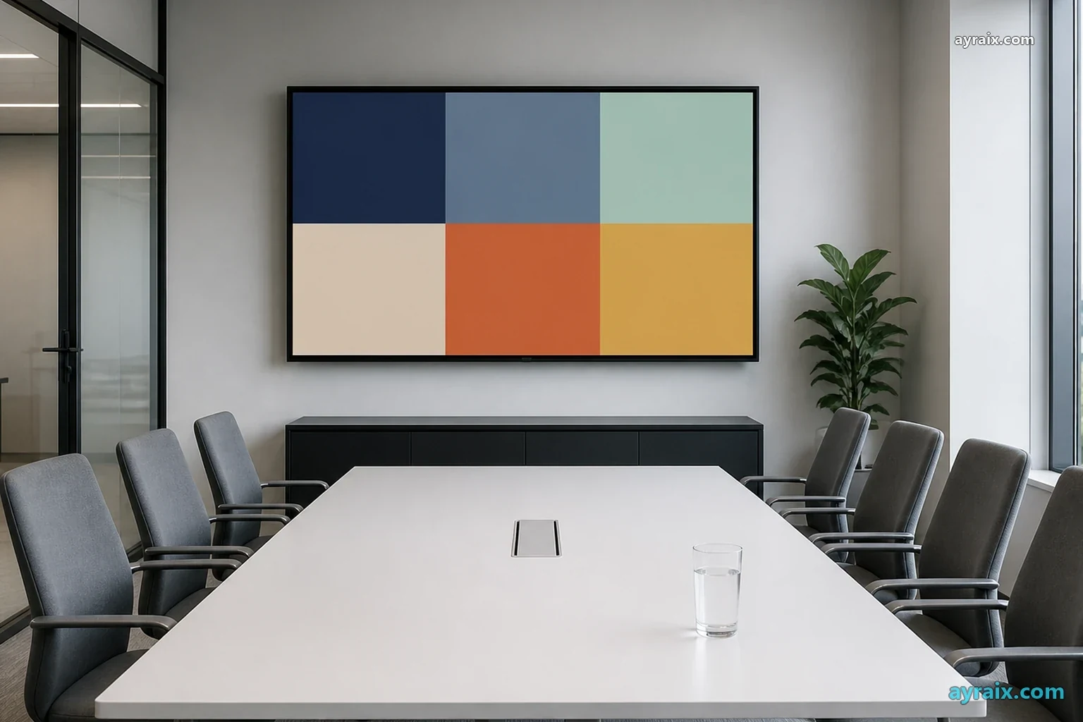 Empty glass conference room after an AI coworker mishap — seats askew, abstract status screen still lit, no owner left to claim the failure