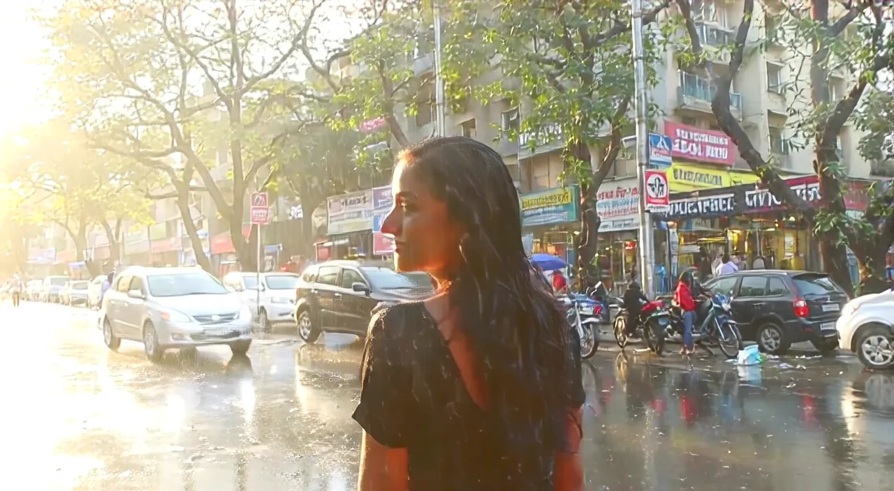 A woman looking back over her shoulder on a wet street
