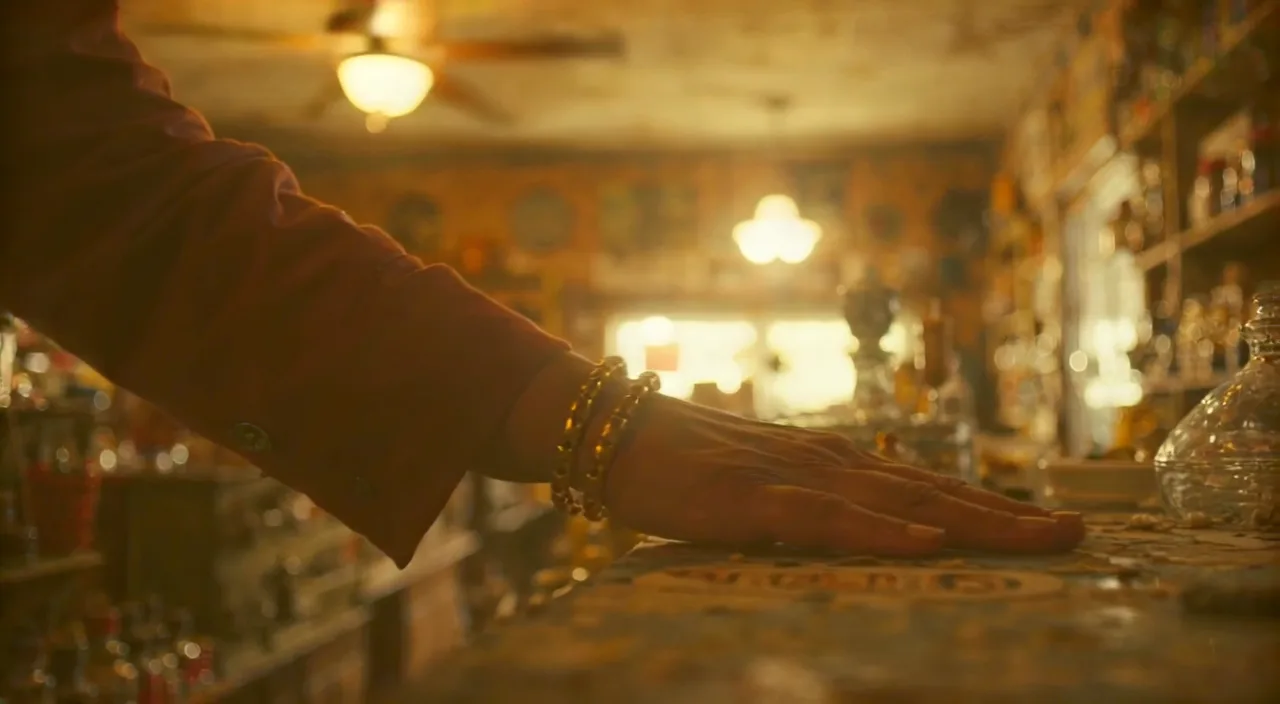 A hand pushing a gold bracelet across a pawnshop counter