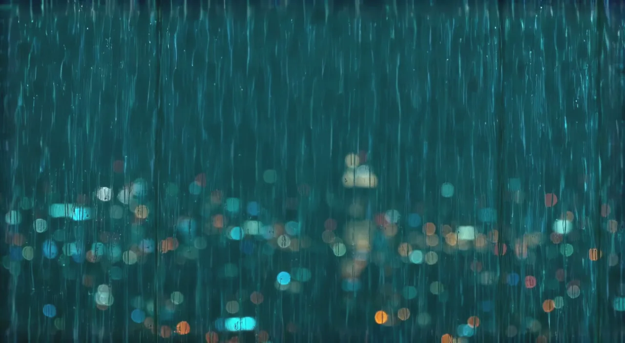 Rain running down a penthouse window at night