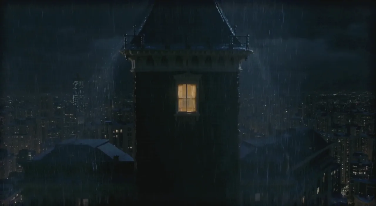 One lit window in a dark tower, seen through heavy rain