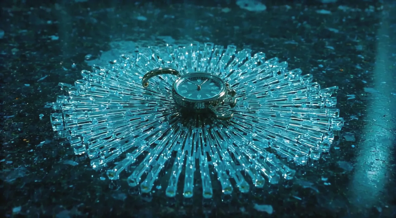 A smashed wristwatch on black marble, crystal fanned outward