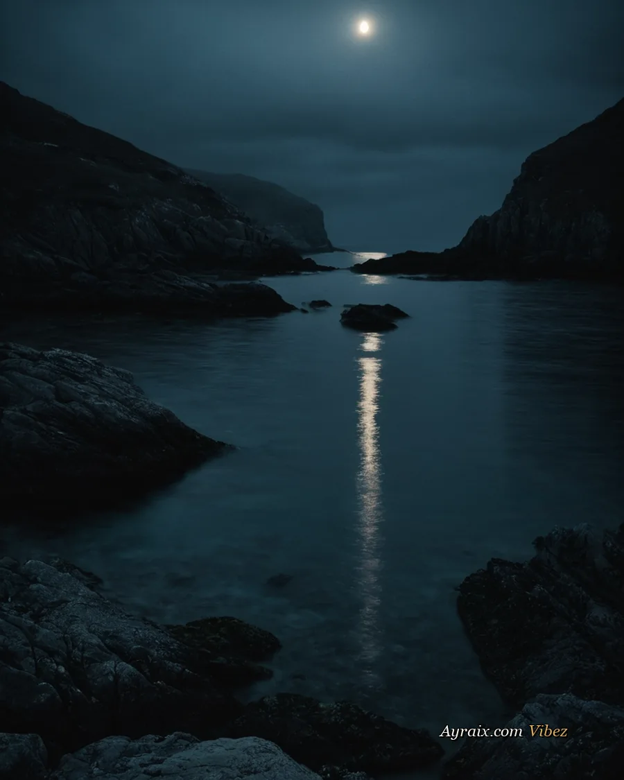 A still dark harbour at night, a faint warm light on the water.