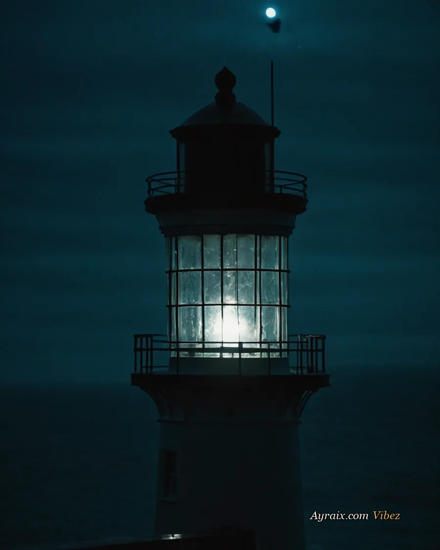 A lighthouse lantern room at night, the fresnel lens spinning a cold white beam.