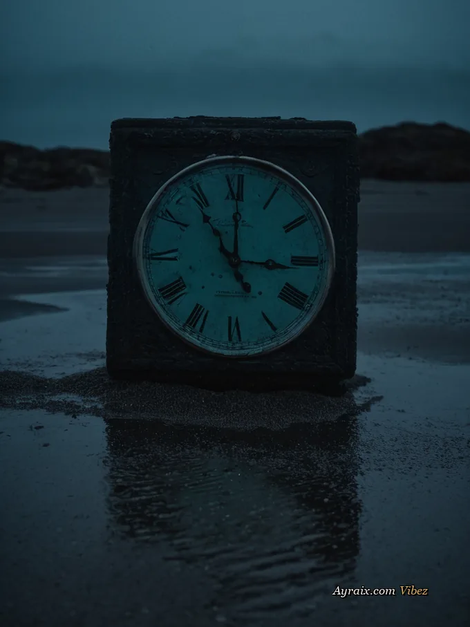 An old stopped analogue clock face lying on wet dark sand.