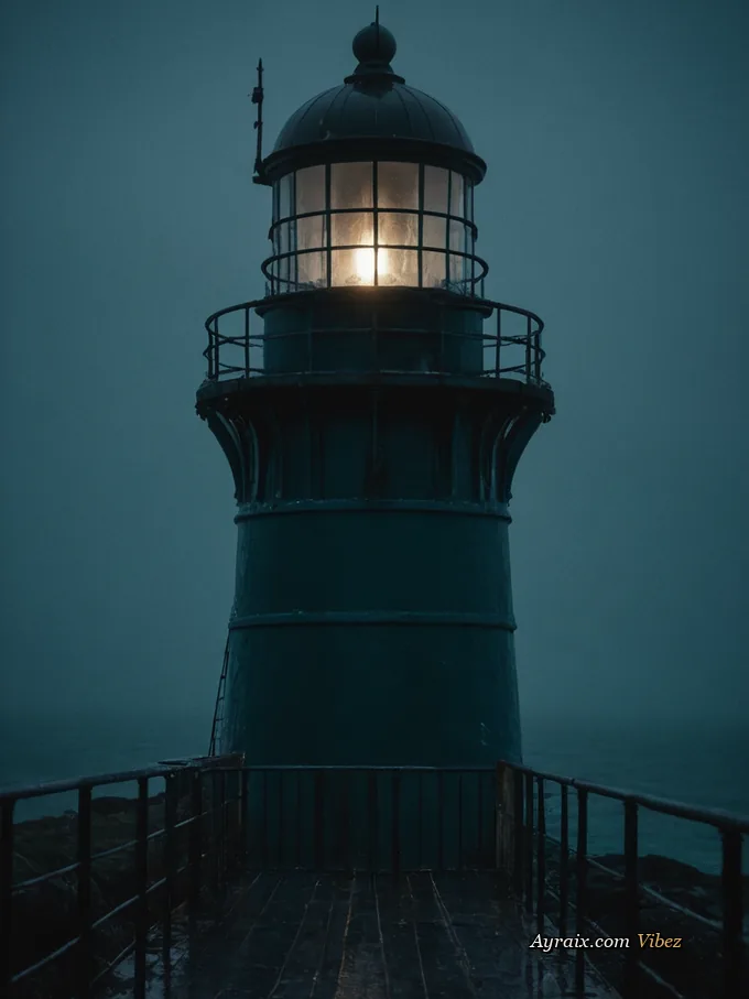 A winter lookout at night, salt wind across a dark iron rail.