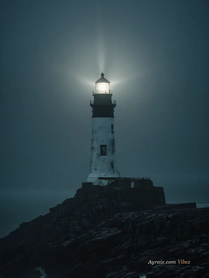 A tall dark lighthouse on wet black rocks at night, a single cold beam through sea mist.