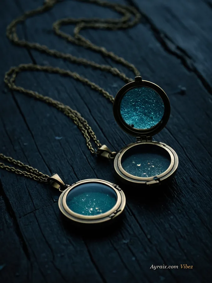Two worn lockets on a dark wet surface.