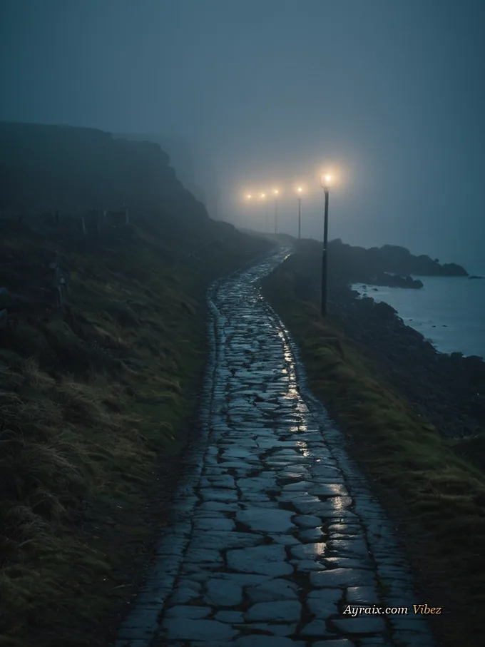 A wet dark path leading back toward a harbour light.