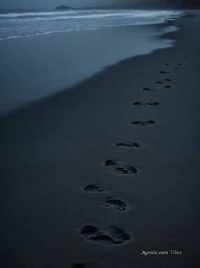 Two sets of footprints in wet dark sand, heading toward a winter sea.