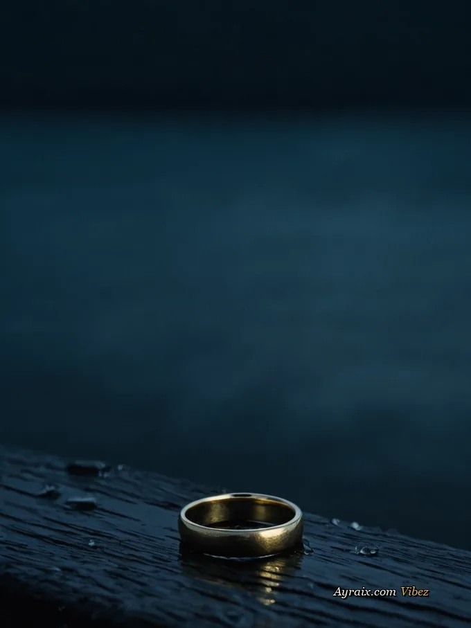 A single gold ring lying on wet dark wood.