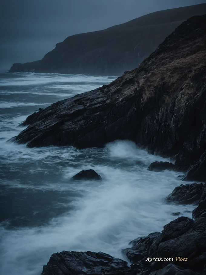 Dark seawater pouring over wet black coastal rocks at night.