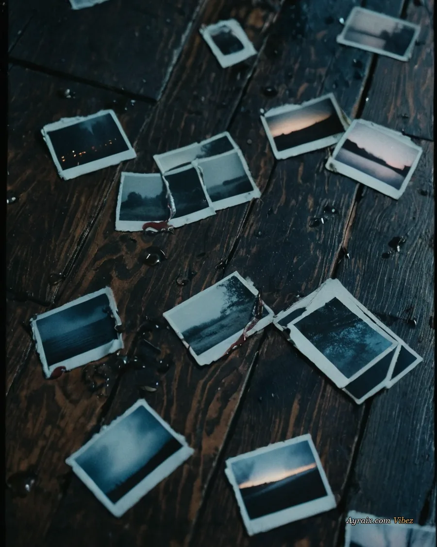 Faded polaroid photographs scattered across dark, rain-wet floorboards.