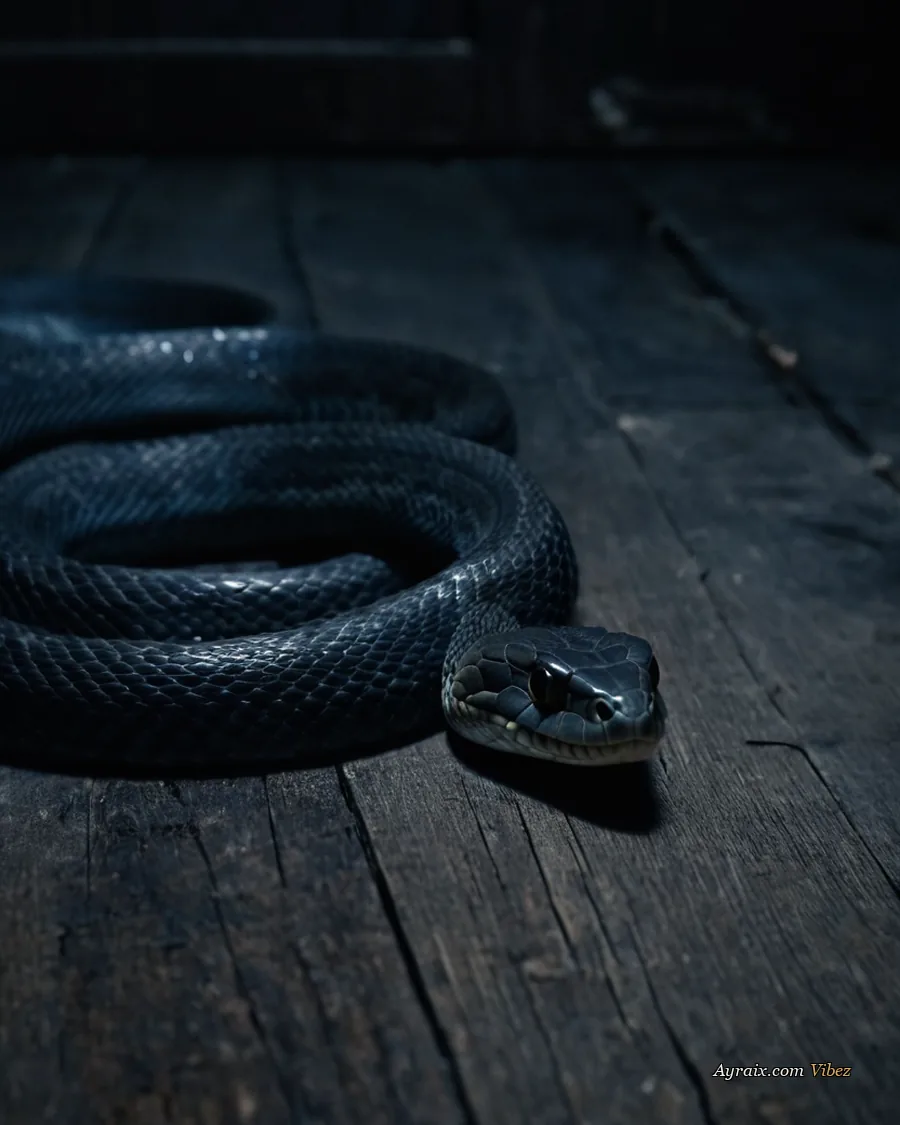 A dark snake coiled in thick grey dust on old attic floorboards.