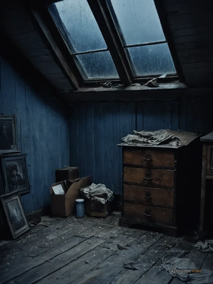 A dark attic at night, rain running down twin skylights above bare floorboards.