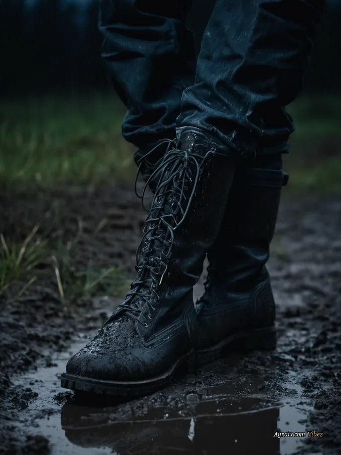 Expensive dark leather boots caked in wet mud on rain-soaked ground.