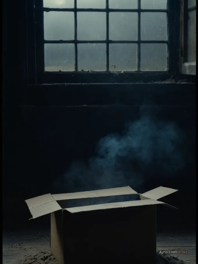 An open cardboard box spilling old photographs, lit by a shaft of storm light through hanging dust.