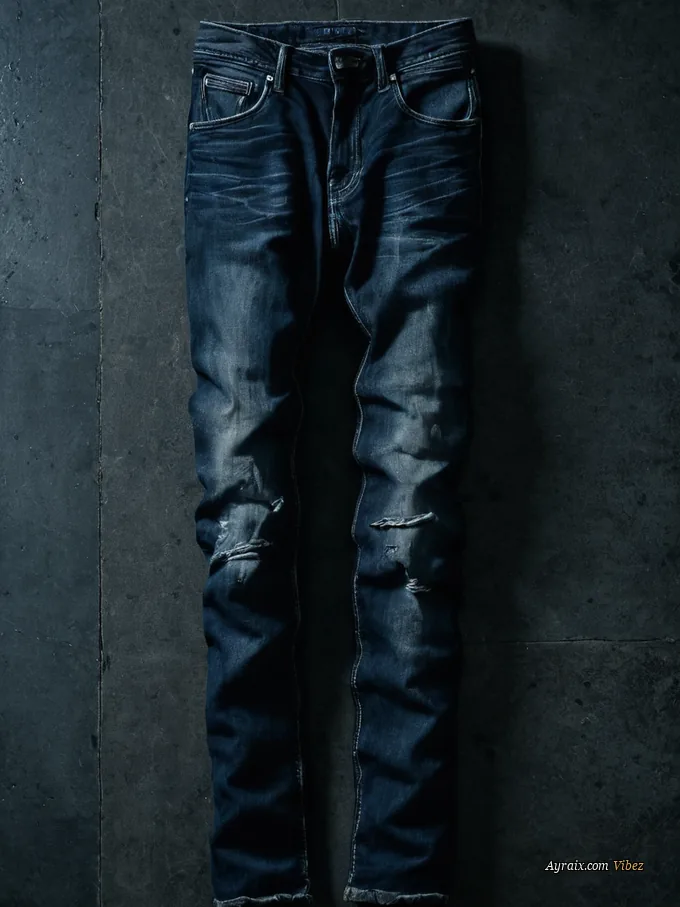 Dark worn denim, soaked and crumpled on a dark floor.
