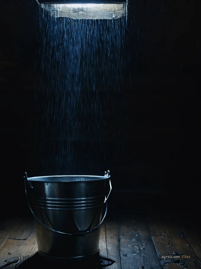 Water dripping from a cracked attic ceiling into a metal bucket.