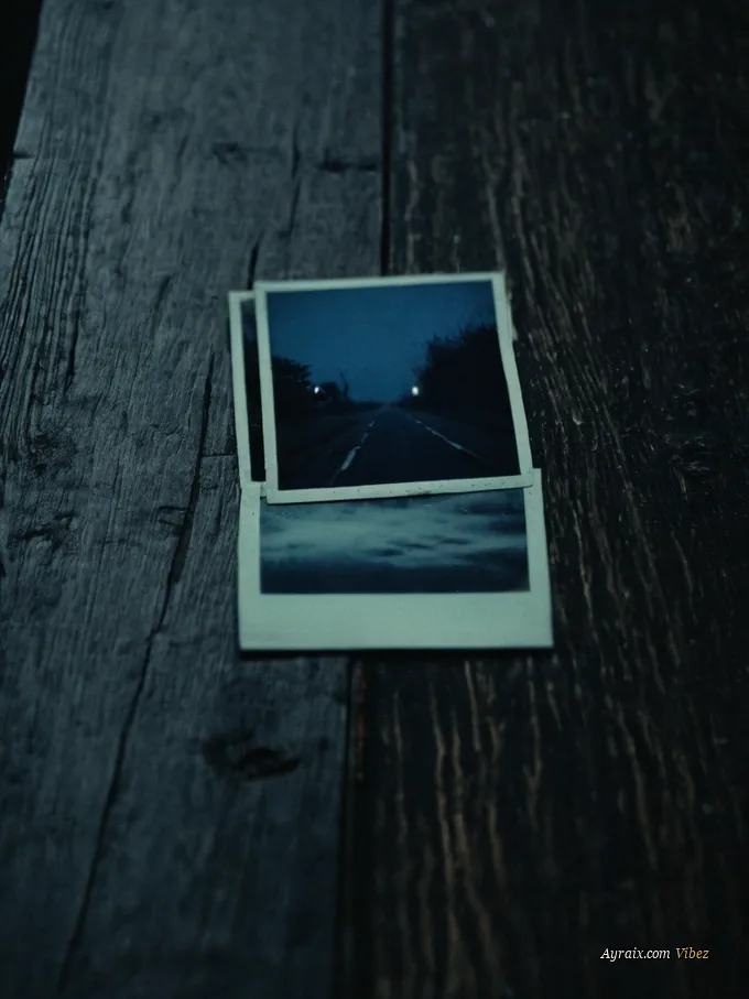 Faded polaroids half buried in wet grey dust on dark floorboards.