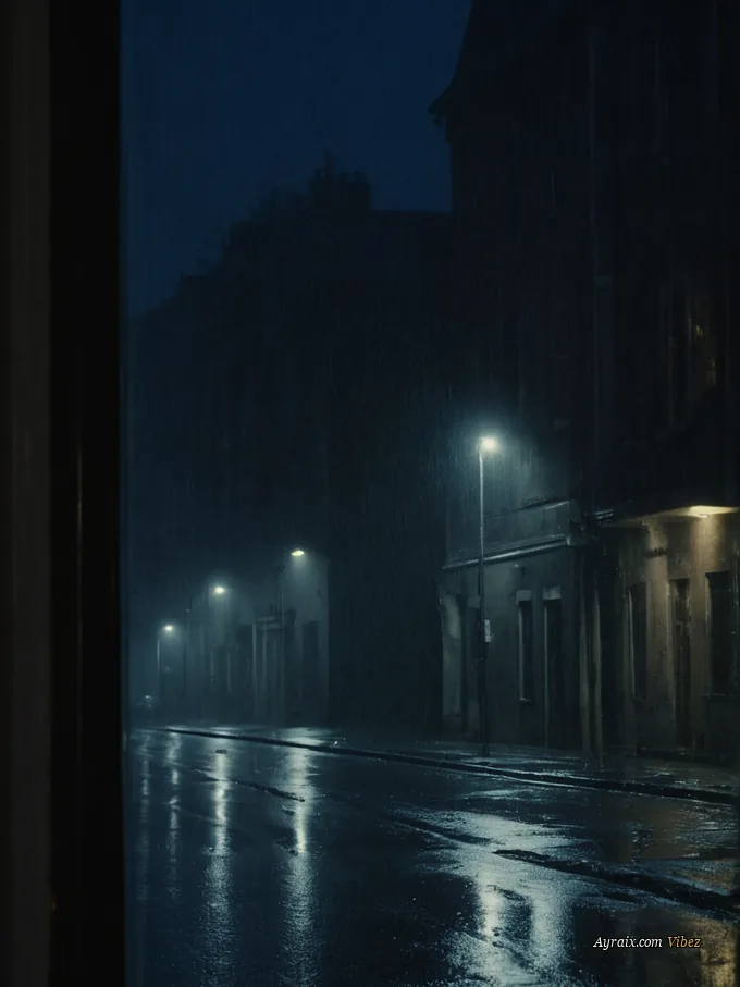 An empty rain-soaked street at night seen through a dark window, distant streetlights.