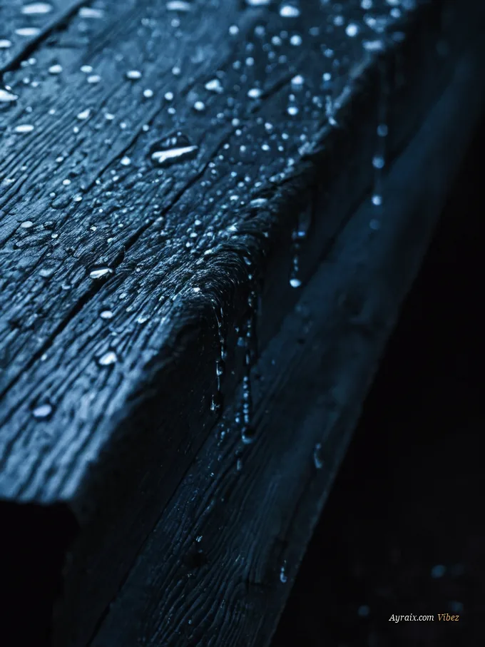 Heavy raindrops bursting on a weathered wooden window sill.
