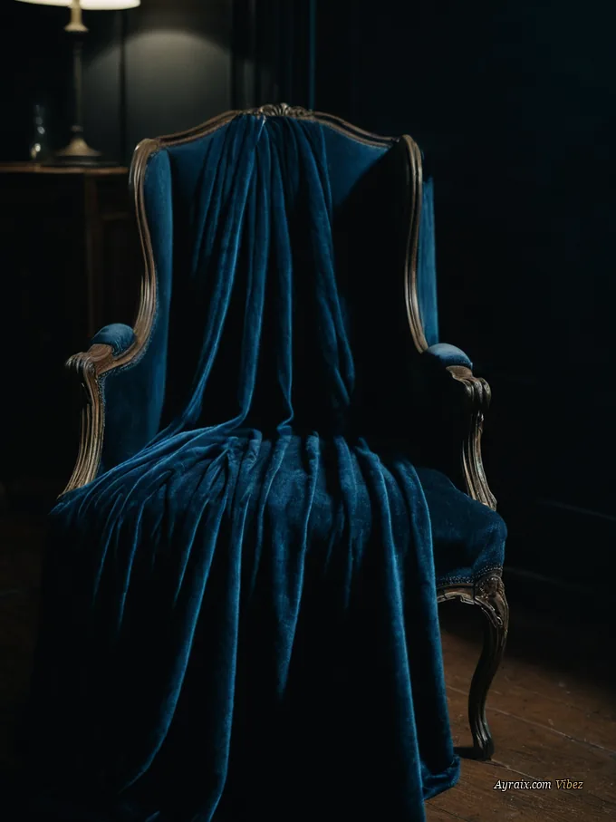 Dark velvet clothing draped over an empty chair in an unlit room.