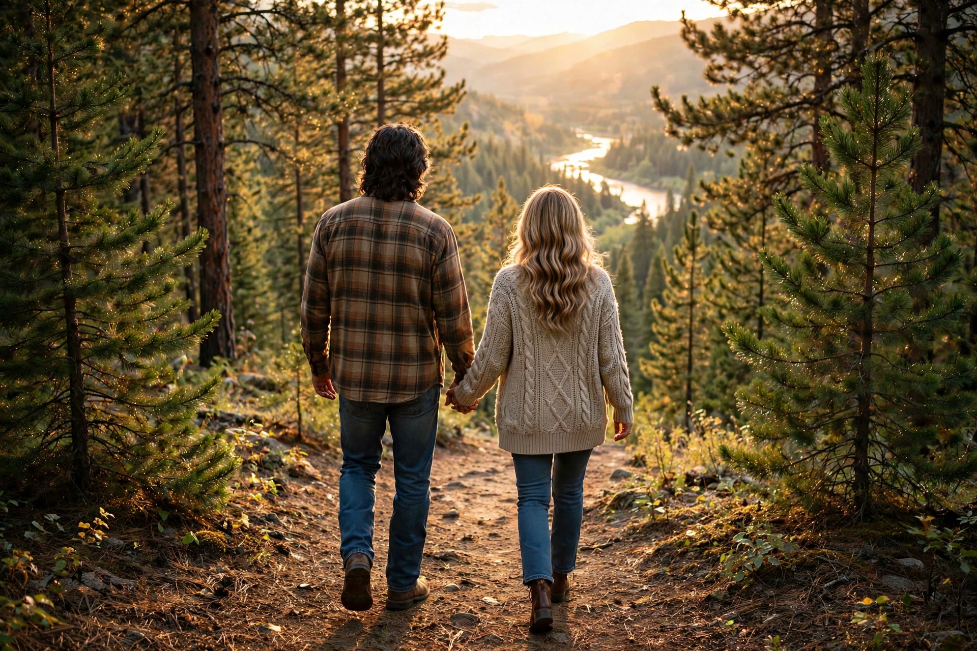 Elias and Clara from behind, walking a pine trail toward the river valley