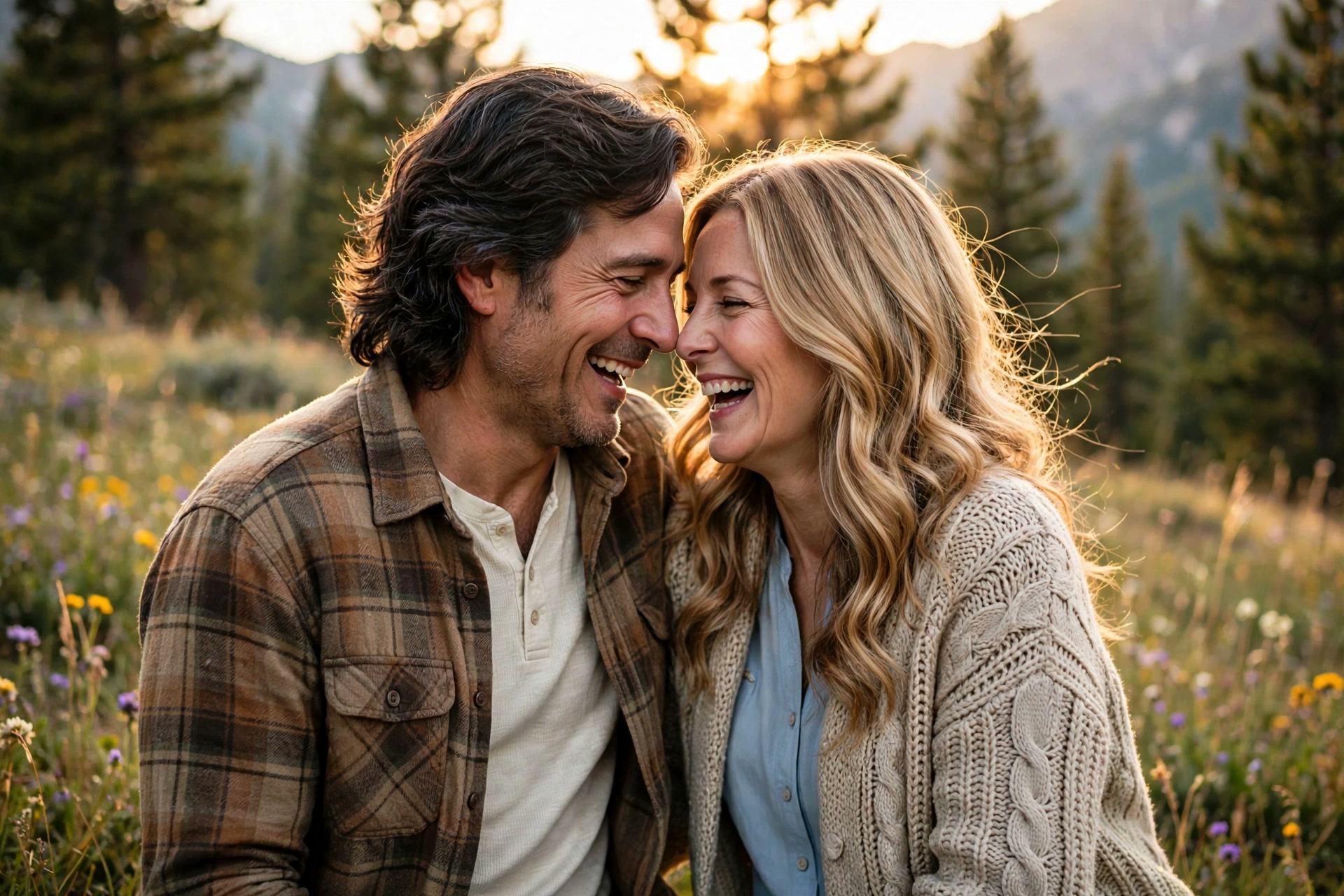 Elias and Clara laughing forehead to forehead in a wildflower field