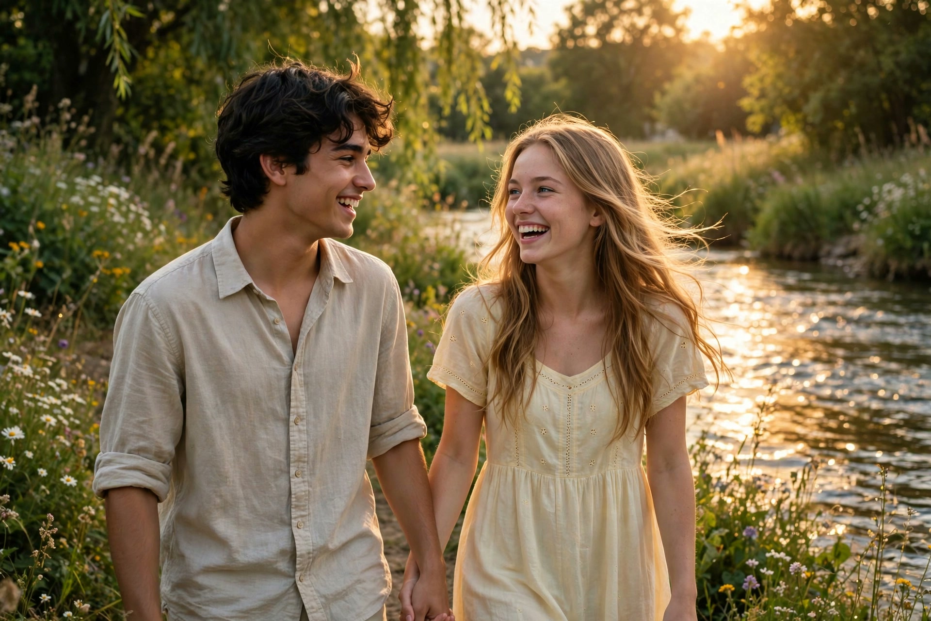 Young Elias and Clara holding hands by the river