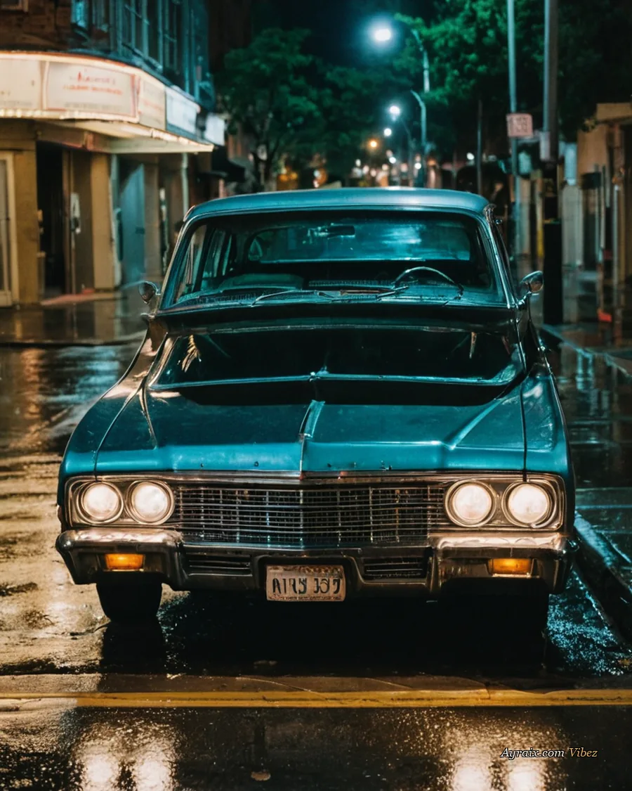 An old american sedan parked on a wet night street, chrome catching sodium light.
